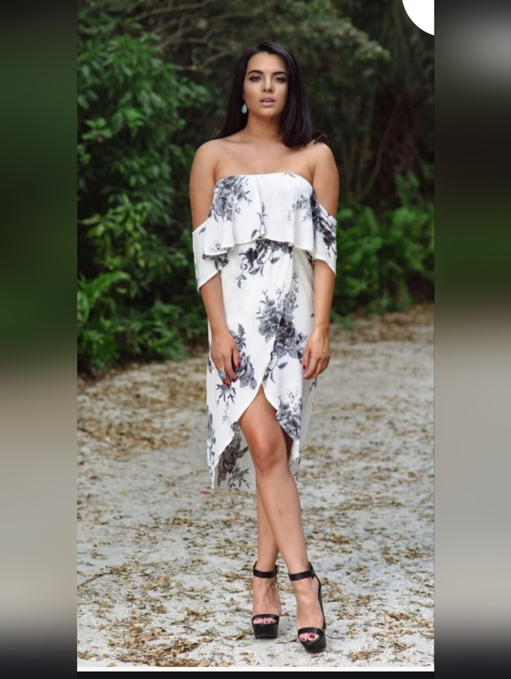 NWT The Vintage Shop White Off Shoulder Floral Midi Dress with Gray Print, Small